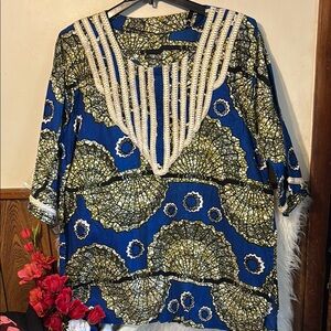 Blue and Gold Graphic Tunic with Bib Collar